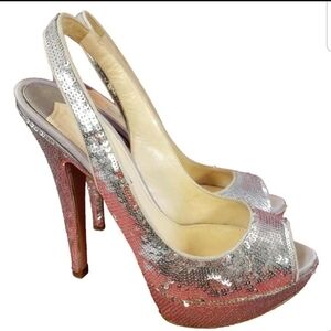 PRADA SEQUIN SILVER METALLIC PEEP TOE OPEN TOE PUMPS SHOE SIZE 36.5 *100% AUTHEN